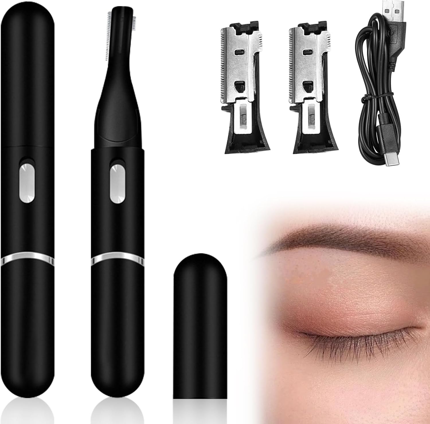 Elektrische USB-wenkbrauwtrimmer: draaibaar met dubbel lemmet met datakabel, oplaadbare epilator voor vrouwen, pijnloos en nauwkeurig (zwart)