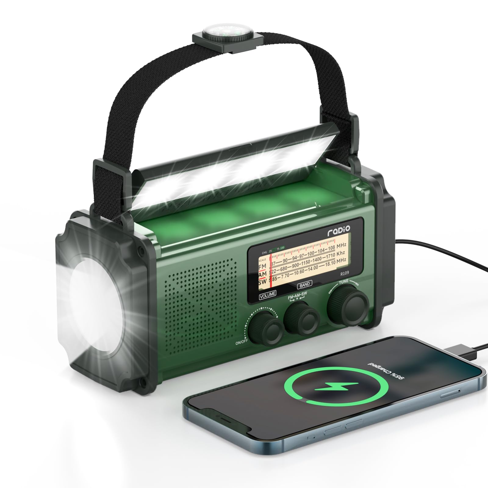 MONODEAL Kurbelradio mit Solar und Powerbank, Notfallradio mit Kurbel für Blackout, Camping und Notfall, Emergency Radio Eingebaute SOS Alarm und LED Leselampe