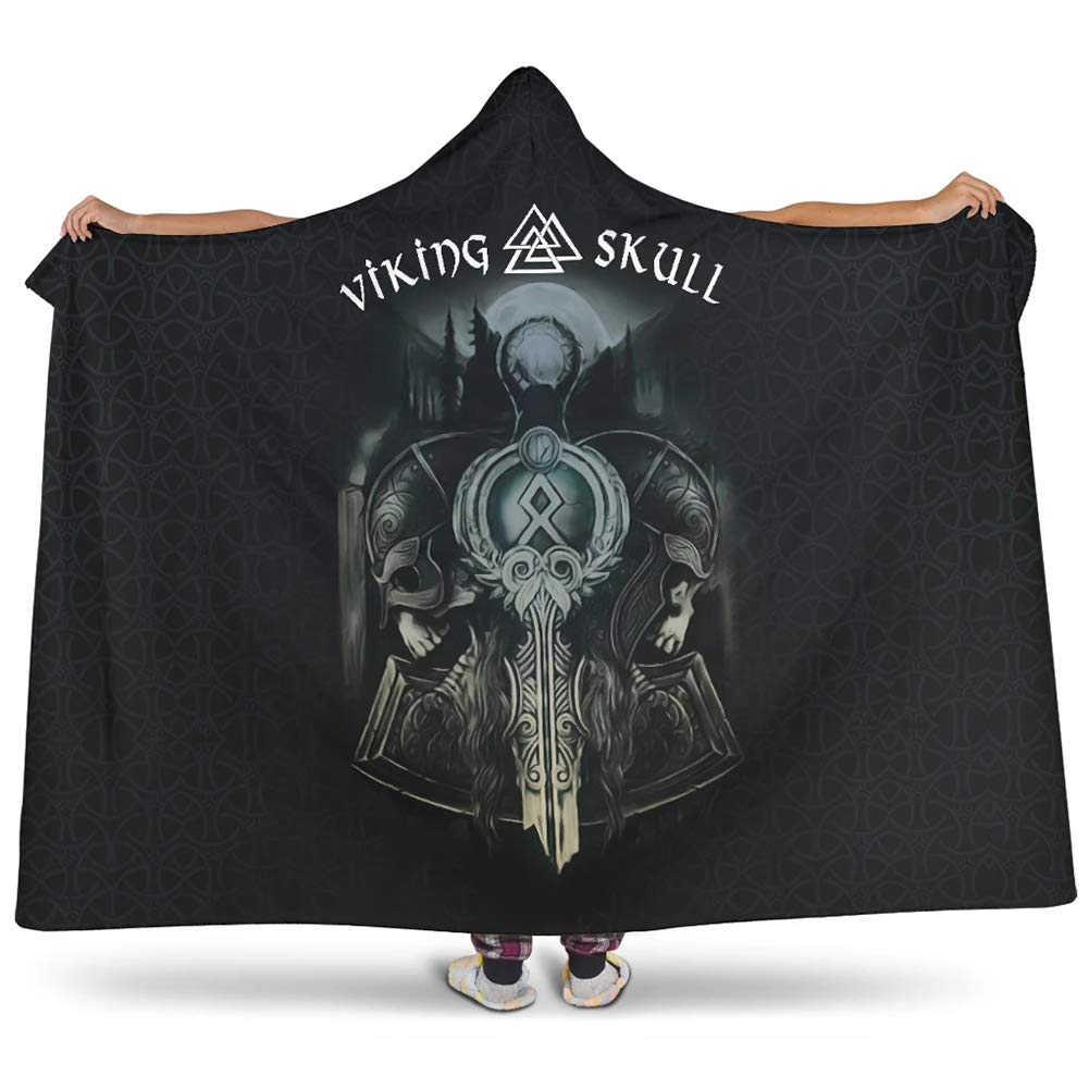 Viking Hooded Blankets,Wearable 3D Odin Valhalla Skull Valknut Nordic Myth Runes Super Soft Warm Plush Sherpa Fleece Fluffy Game Lazy Cloak,Black,M