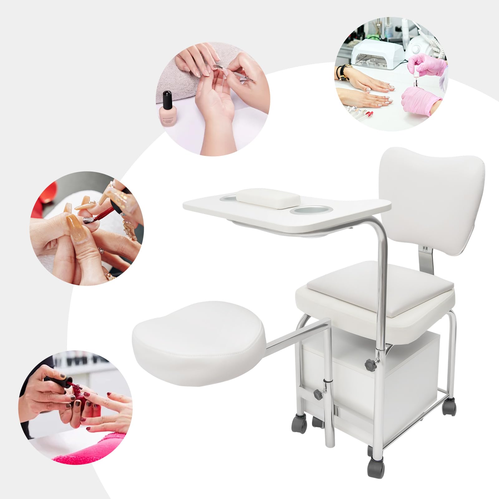 Chaise de manucure et pédicure, réglable en hauteur, multifonctionnelle, avec 2 tiroirs, station à ongles mobile pour la maison, les salons de beauté, les salons de manucure 48 x 46 x 92 cm