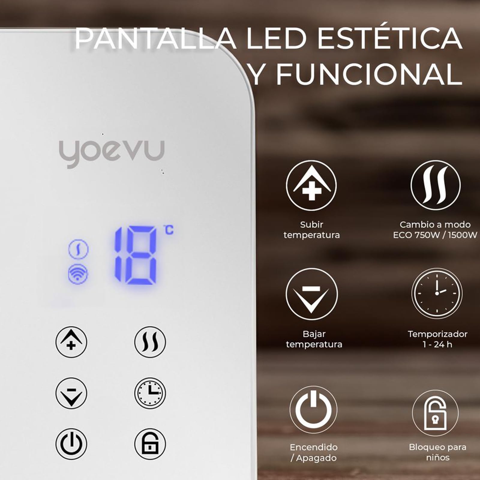 YOEVU | Radiador eléctrico bajo consumo 1500W | Programable con control móvil y WIFI | Termostato regulable | Soporte con ruedas | IP24 | Protección sobrecalentamiento | Blanco