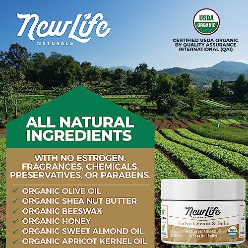 NewLife Naturals USDA Certified Organic Vulva Cream - Menopause Support Itching Irritation Vaginal Moisturizer Vaginal Dryness; Estrogen Free Intimate Feminine Care - 4 Oz Made in USA