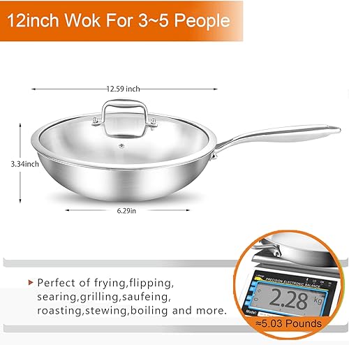 Miniatura 3 de DELARLO Sartenes Wok de Acero Inoxidable de Tres Capas, 30.5 cm de Sartén Wok de Cocina Saludable y No Tóxica con Tapa, Sartenes para Freír Anchas y