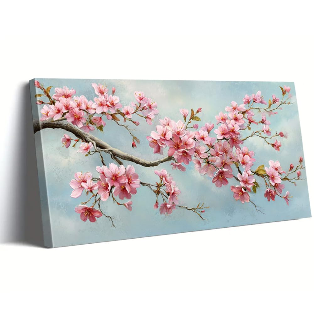 AEFOUU Canvas Wall Art Print Cherry Blossom Wall Art Pink Blue Canvas Pictures, Modern Minimalist Home Decor for Living Room(50x100cm/20x40in/Frameless)