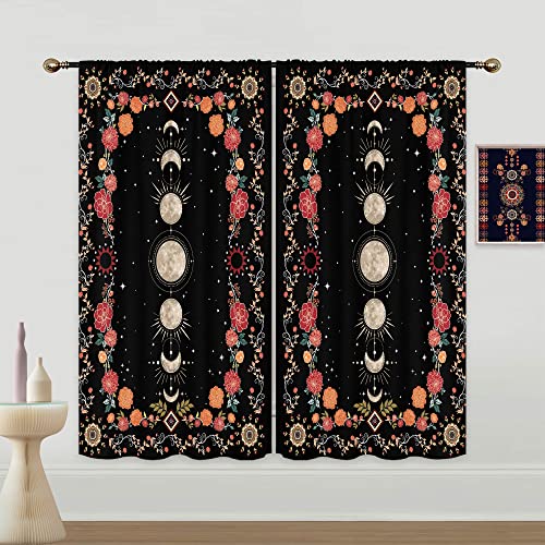 Mitpok Boho Moon Phase Flower Curtains For Women Bedroom 42Wx63H Inch Rod Pocket Red Black Mandala Bohemian Floral Witchy Gothic Moonlit Aesthetic 2 Panels Window Treatment Set For Living Room Decor #TOP2