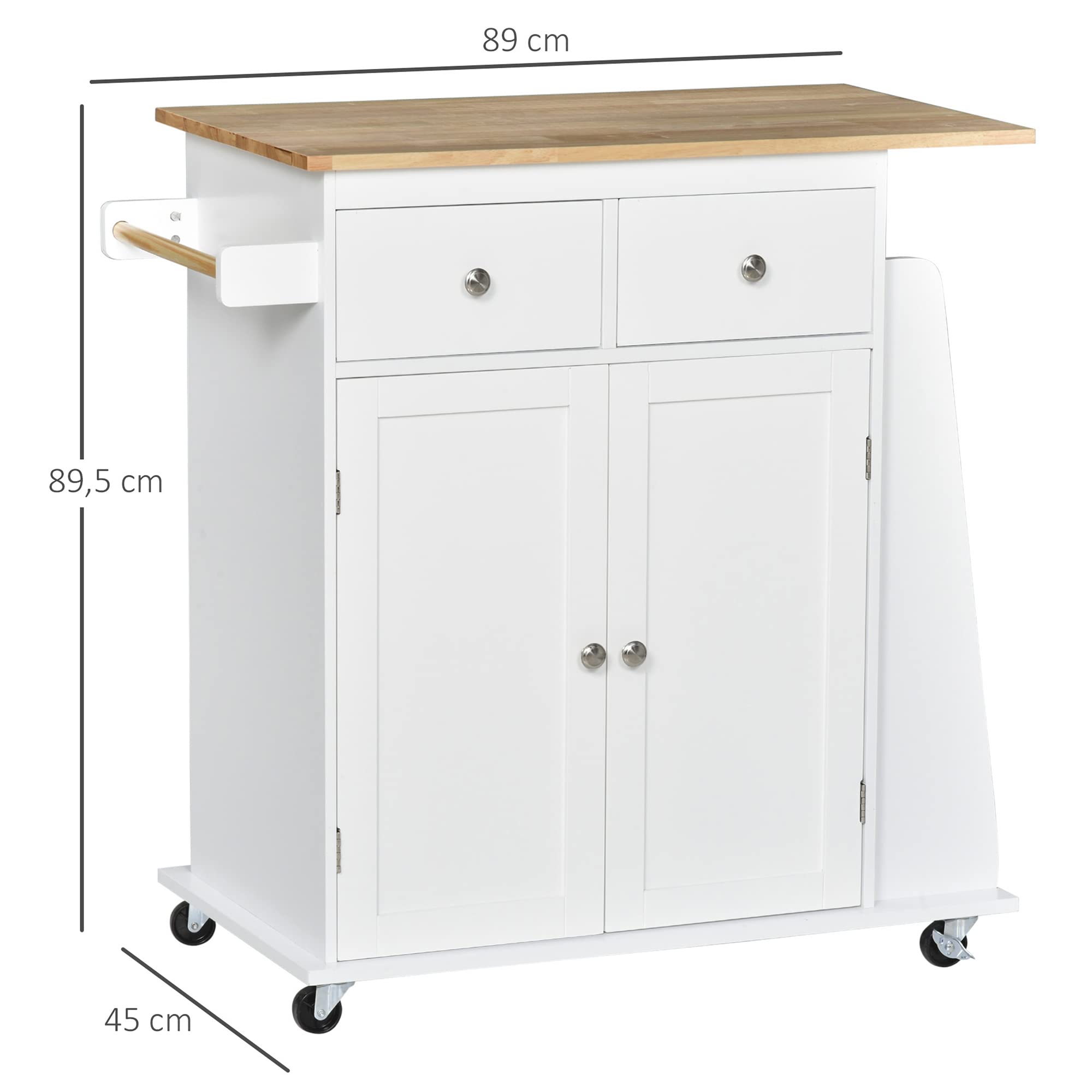 HOMCOM Carro de Cocina Auxiliar con Ruedas, 2 Cajones y Barra para Colgar | Carrito de Servicio, 89x45x89,5 cm, Blanco
