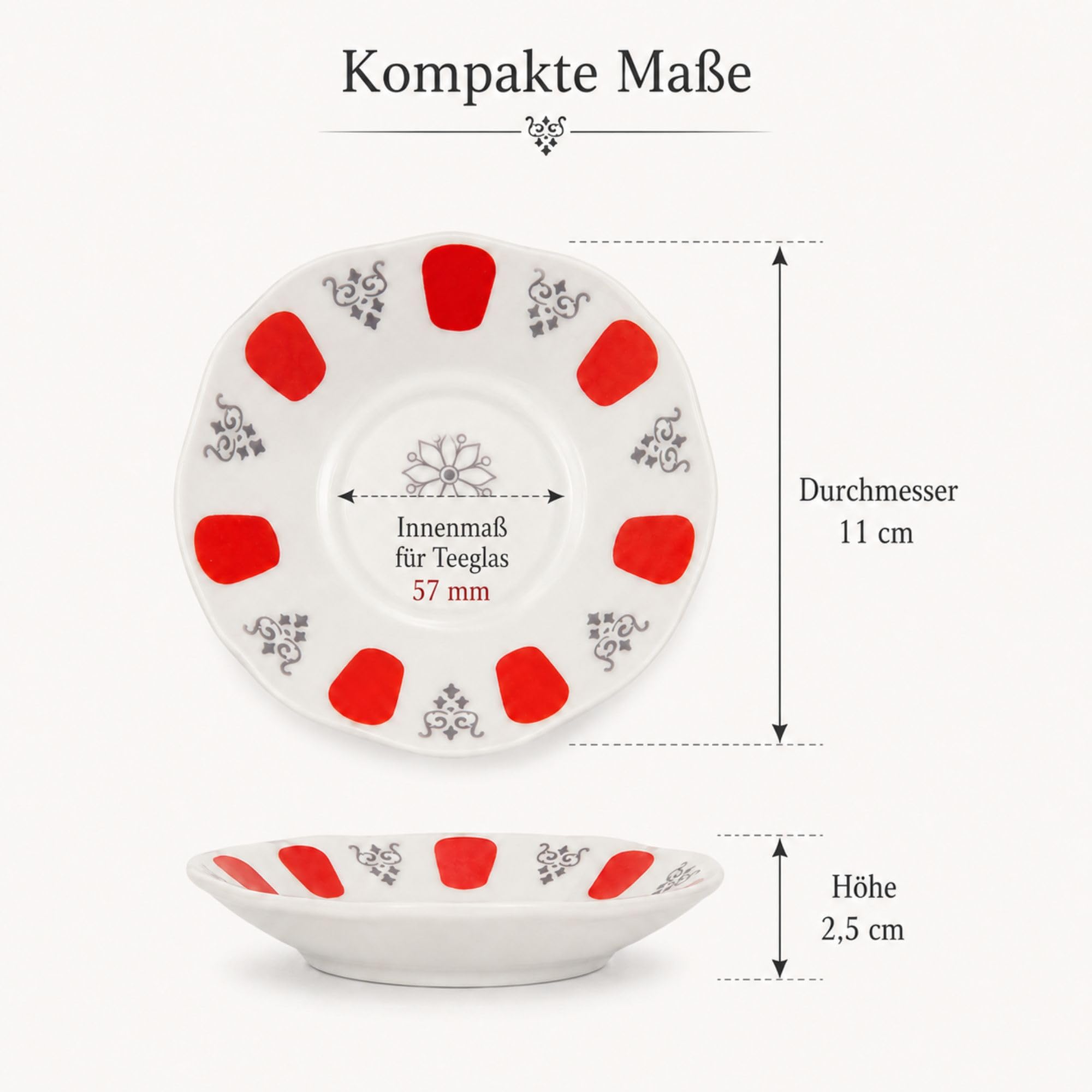 6er Set Unterteller für Teegläser, Türkische Teeteller aus Porzellan, 11 cm, Teeglas Untersetzer, Dip- und Soßenschälchen, Snackteller, spülmaschinengeeignet, Acem-Dekor