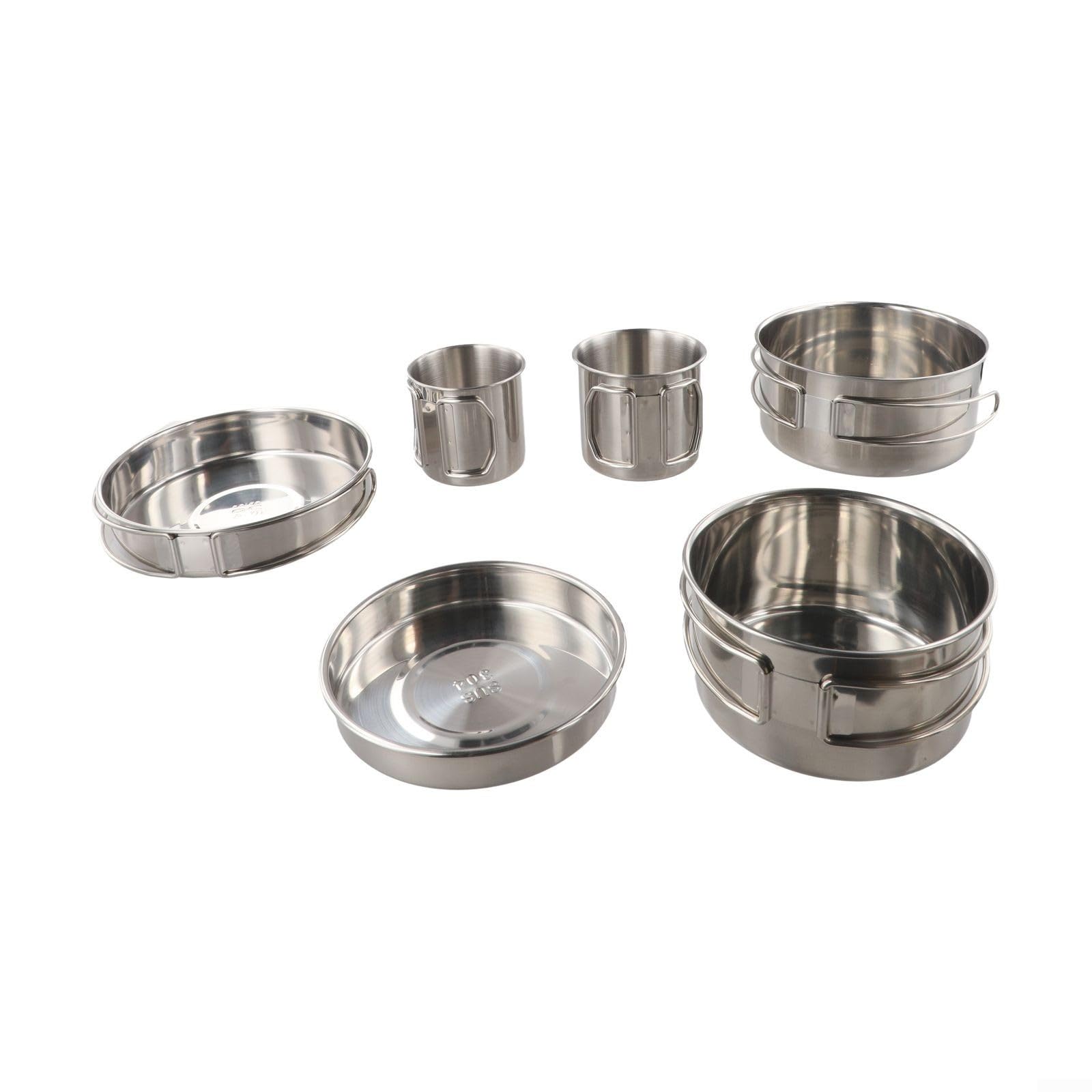 Juego de cocina de camping de acero inoxidable, 6 piezas, con asas plegables, ollas, sartenes, tazas para trekking, mochilero, pícnic, plata, 15 x 15 x 10 cm