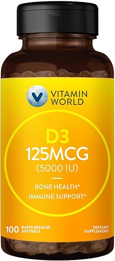 Vitamin World Vitamin D3 5000 IU 100 Softgels MegaPotency Bioavailable Promotes Bone Health Helps Support Immune System RapidRelease Gluten Pastafina
