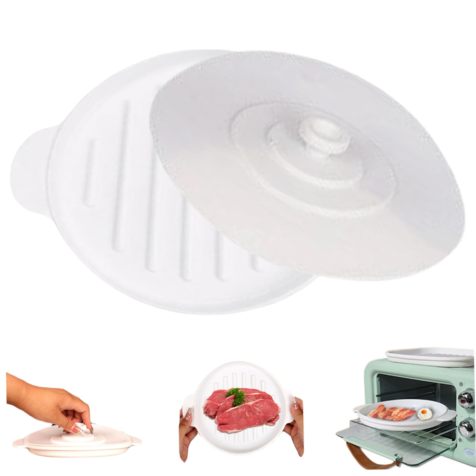 Wedhapy Silicone Baking Pan Microwave Bacon Tray with Lid 9.5x7.8 Inch Round Silicone Baking Pan Heat-Resistant Bacon Tray with Dual Ears for Cooking Roasting Steaming
