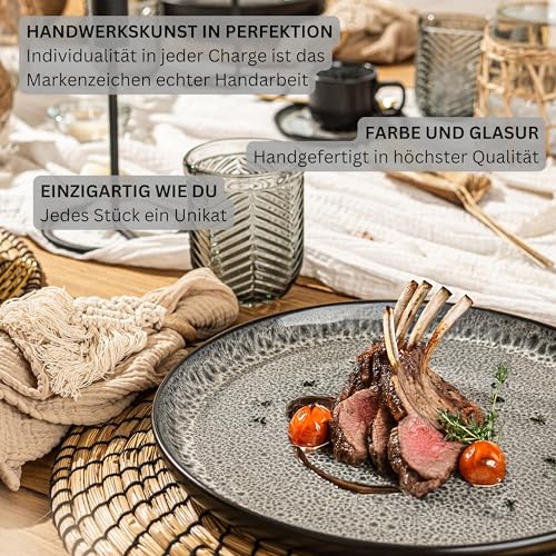 Sänger Sydney | Teller Set 6 Personen, Steingut Geschirr Set 6 teilig, Speiseteller Essteller Dinner Set kratzfest, Plates Set spülmaschinenfest, Steingut Speise Teller dunkel grau | VALUE COLLECTION