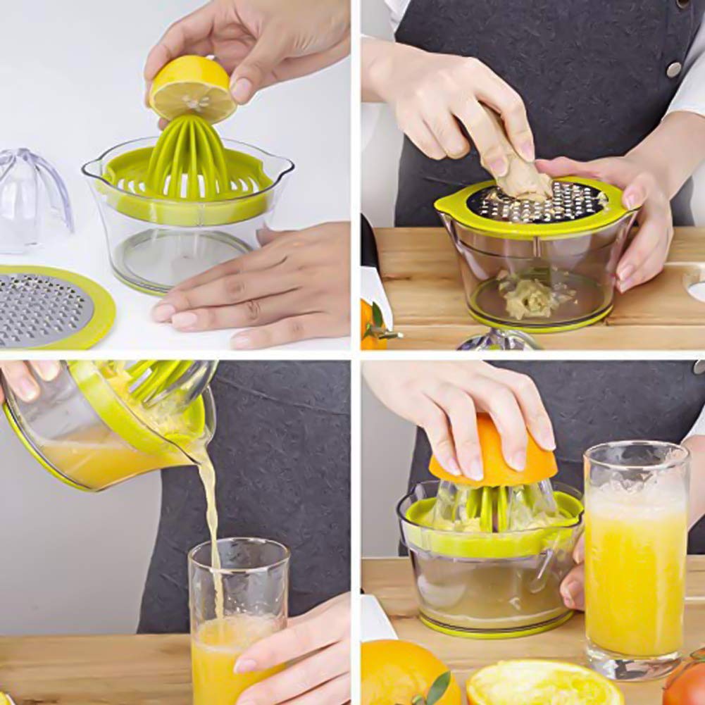 Spremiagrumi manuale multifunzione,4 in 1, Spremiagrumi a Mano per Arance, Limoni, Agrumi, con 2 Alesatori，di 400ml Misurazione