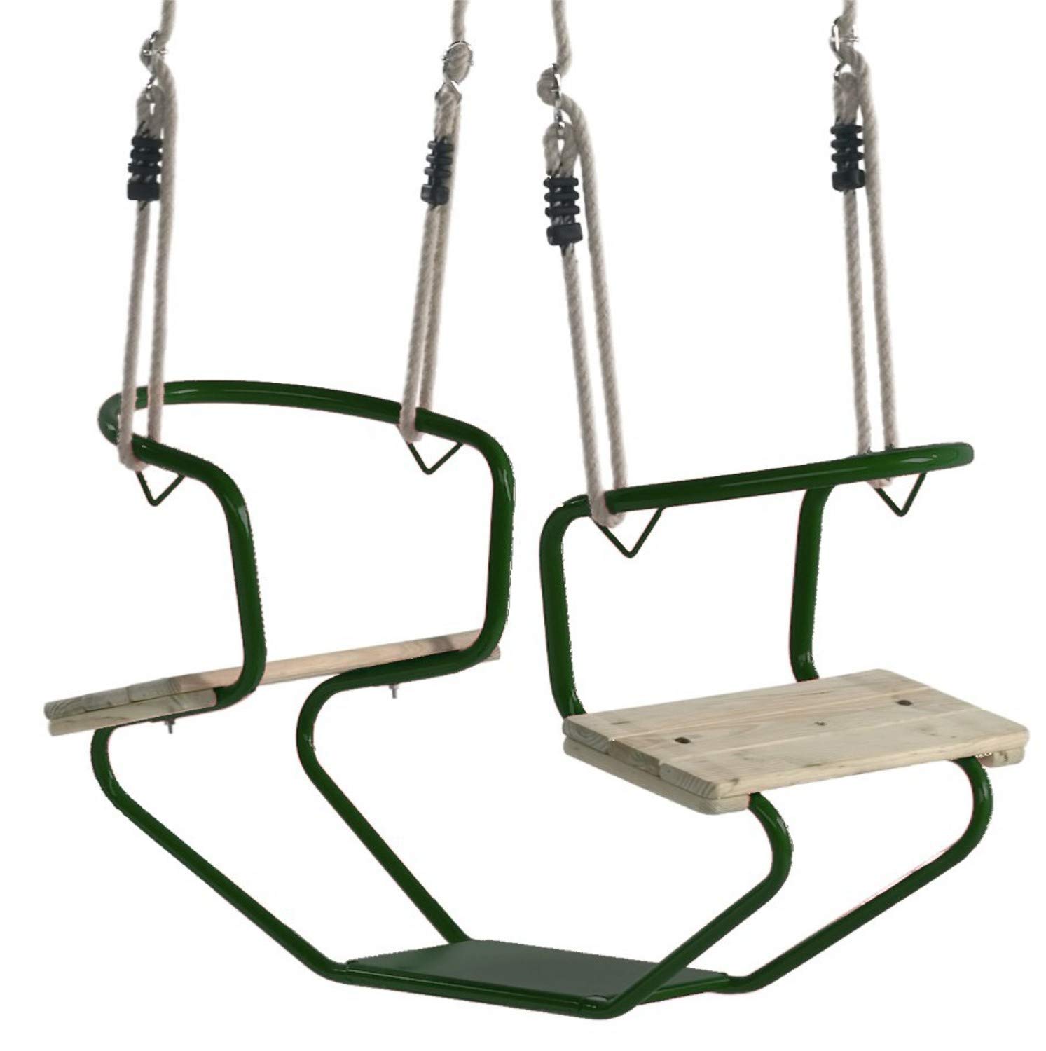 Doppelsitzschaukel Gondelschaukel für 2 Kinder – Pulverbeschichteter Metallrahmen & Kiefernholzsitze – Verstellbare PP-Seile – Outdoor Gartenschaukel Grün – 920 x 440 x 530 mm