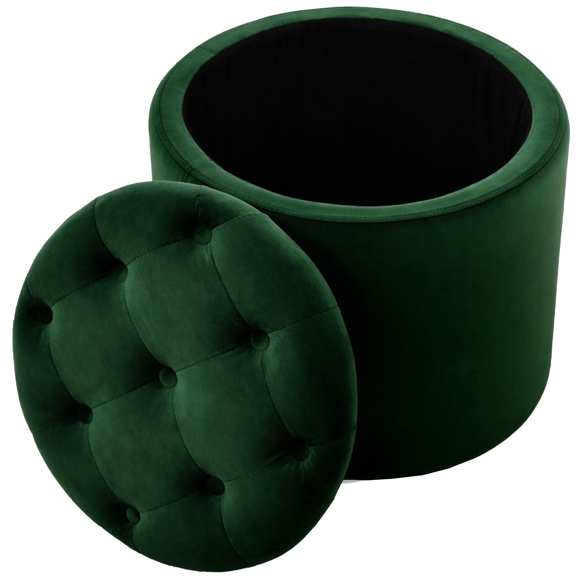 CLP Tabouret Rond avec Espace de Rangement Pantin Pouf capitonne en Velours Style Chesterfield pour Salon et Chambre | Couleur Vert