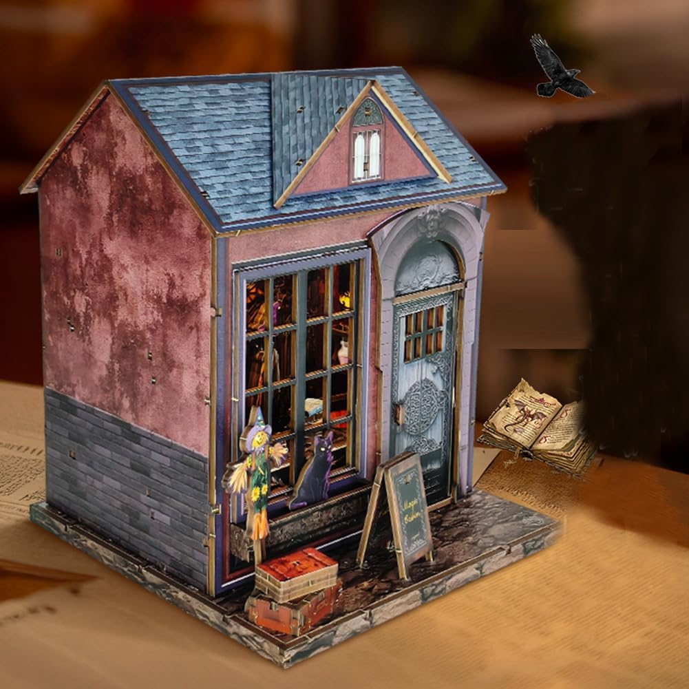 DIY Dollhouse Miniature Kit, Mini Magic Dolls House Furniture Accessories and LED Lights Puzzle Model 1:24 Scale Creative Room for Teen Adult Birthday Gift (Magic Cabin)