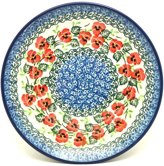 Polish Pottery Plate - Salad/Dessert (7 3/4") - Red Pansy
