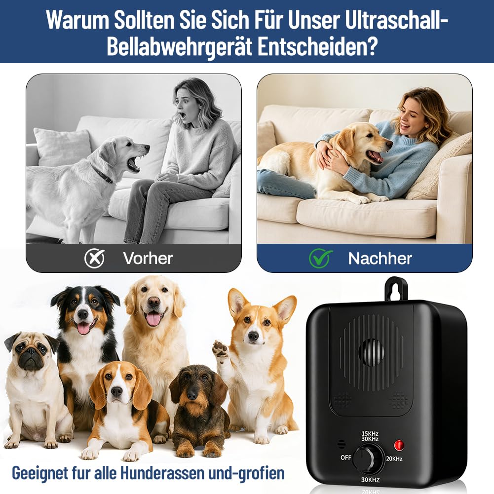Anti Bell Gerät Hunde, 2026 Upgrade Ultraschall Hundebell Stopper, Aufladbar Ultraschall-Bellstopper mit 3 Modi, 50 Fuß Reichweite Antibell Ultraschall Gerät für Hunde Training Großer Kleiner Hunde