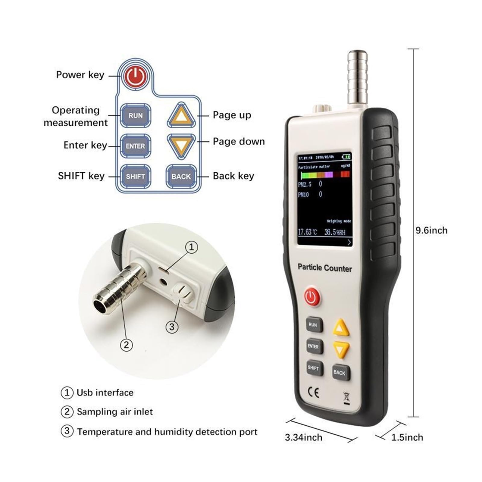 Detector de Gas, Tamaño de partículas Seis Canales 0,3,5, 1, PM2. PM10 Detector Contador Polvo Monitor Calidad del Aire para el Trabajo y el hogar