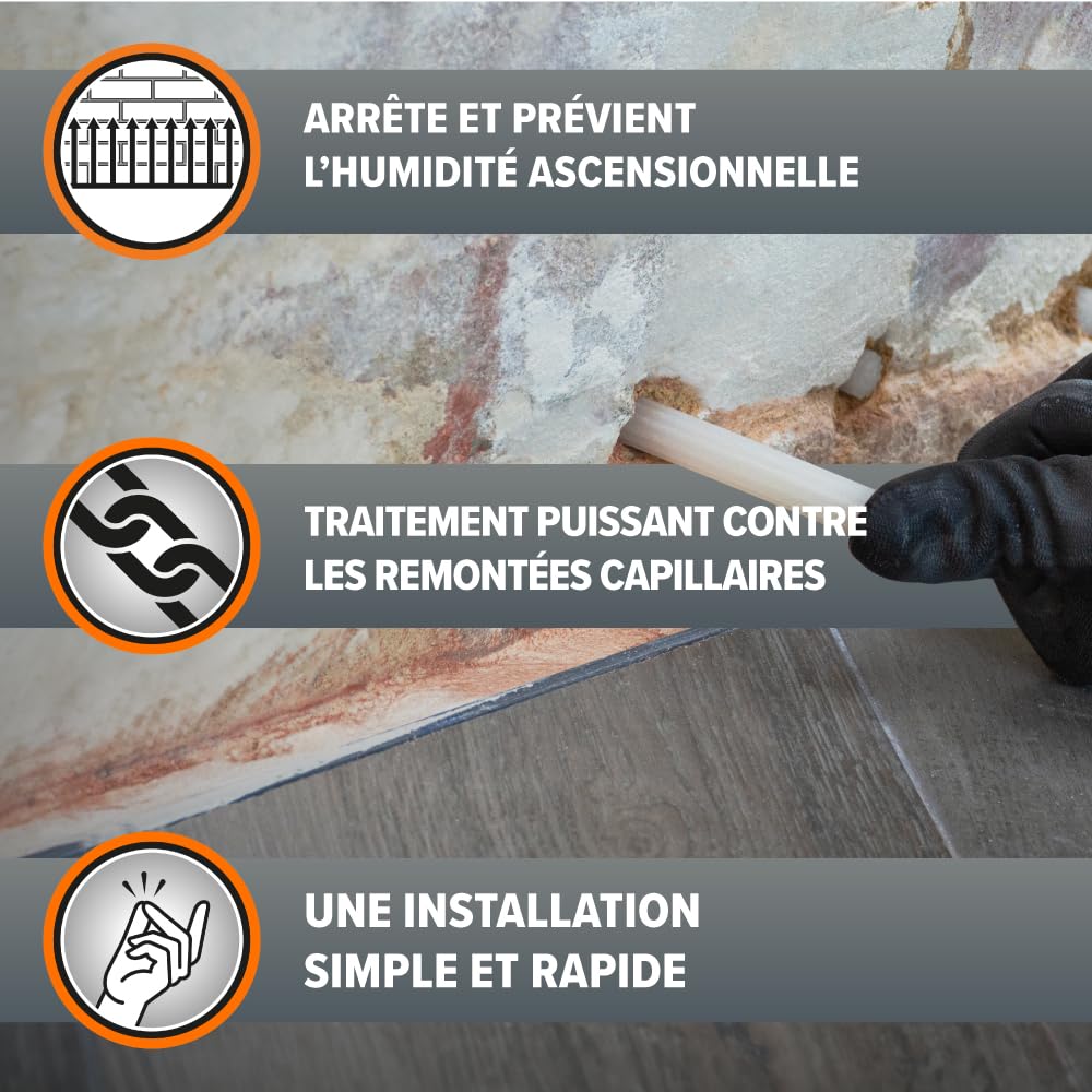 Dryrod – Traitement Contre les Remontées Capillaires – 10 Tiges Hydrofuges Ø12 mm – Barrière Chimique Anti Humidité Ascensionnelle – Certifié BBA – Protection 20 Ans