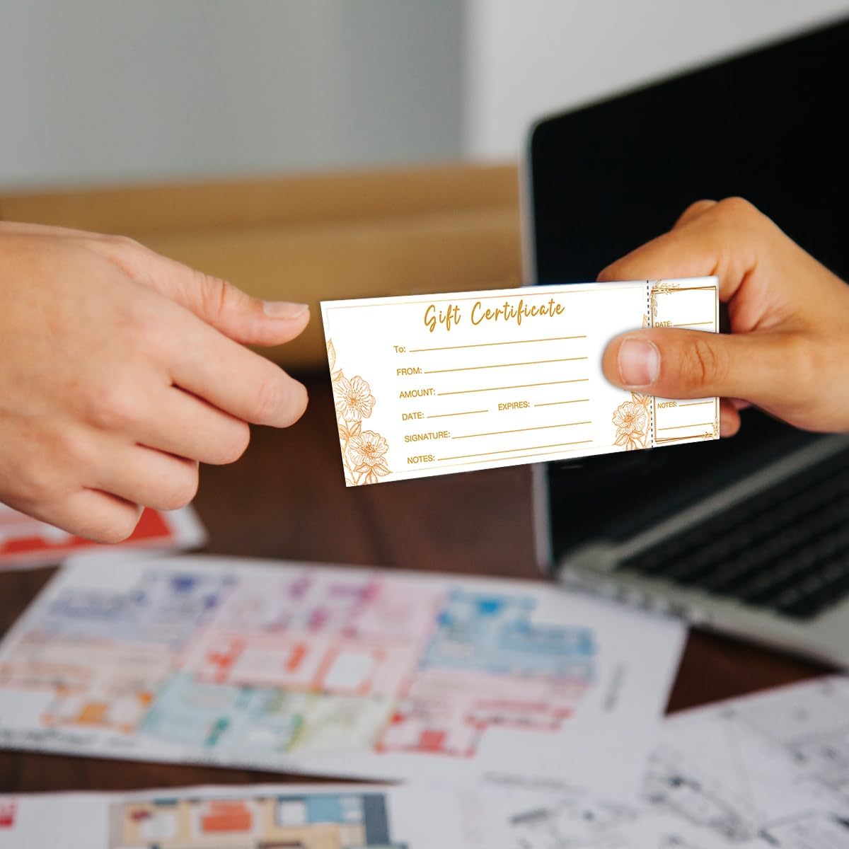 50 SETS Gift Certificates for Business, Blank Gift Cards Certificates with Envelopes, Gifts for Salon Restaurants Spa Marriage Birthday Client Christmas Vouchers - Golden Garland - Image 6