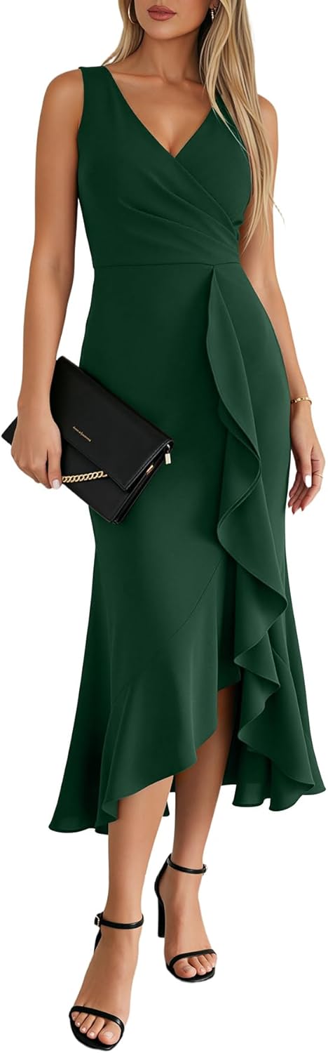 OWIN Women Sexy V Neck Sleeveless Faux Wrap Ruched Bodycon Midi Ruffle Hem Cocktail Party Wedding Guest Dress