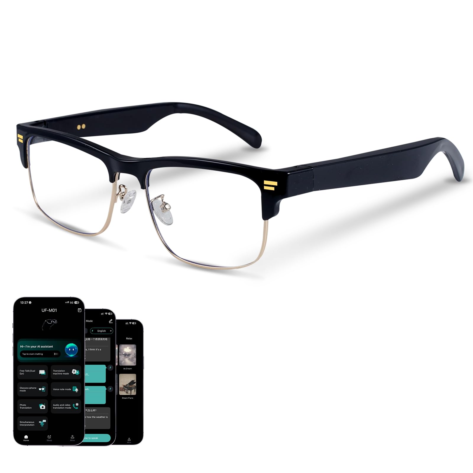 AI Glasses for Men Women, Powered by ChatGPT, AI Real-time Translation(164 Languages), Bluetooth Translator Glasses with Speaker,No Subscription,Smart Glasses with Anti-Blue Light for Work Travel-Gold