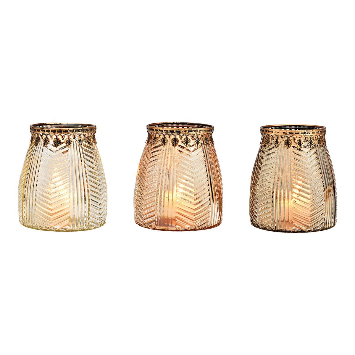 Windlicht 3er Set aus braunem Glas in Bernsteinoptik mit Goldrand