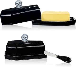 2 Pcs Coffin Butter Dish with Lid Set with Butter Knife Black Gothic Skull Shape Ceramic Halloween Gothic Horror Kitchen Utensils Gift for Halloween Table Decoration Party Supplies (Stereo)