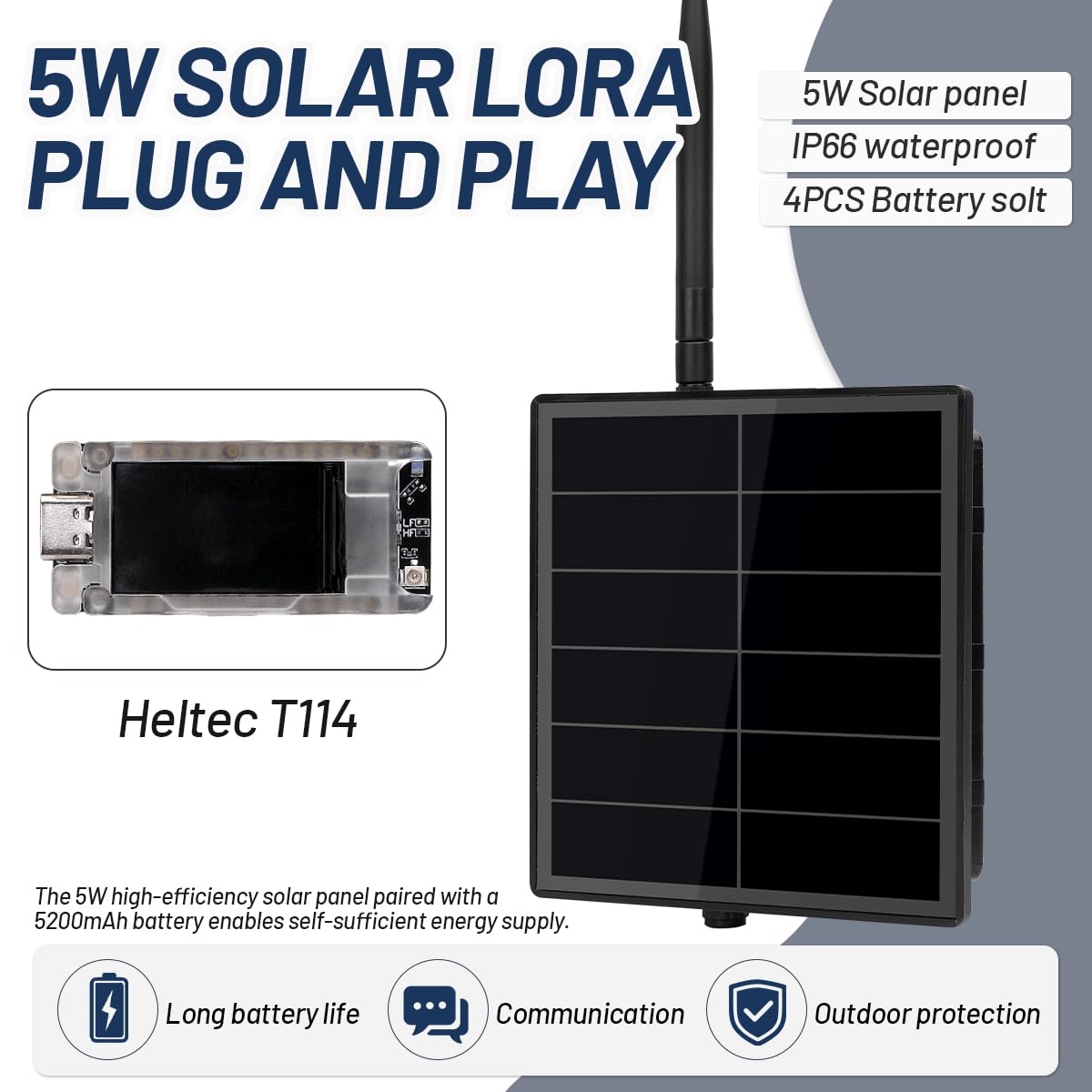 Keepteen D5L-H4 - Kit solare LoRa, ripetitore in rete, 5 W, pannello solare con modulo Heltec T114 LoRa, compatibile con tastiera/mesh core, 868 MHz e GPS, installazione rapida Bluetooth