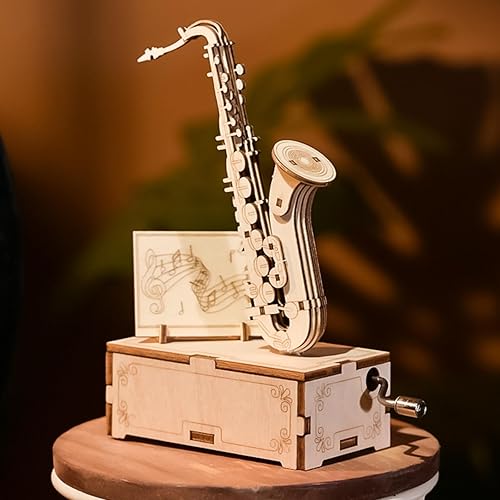 Adult Wooden Puzzle Musical Instrument Series Saxophone 3D Wooden Puzzle Music Box Desktop Decoration DIY Crafts Birthday Gift for Teens and Adults