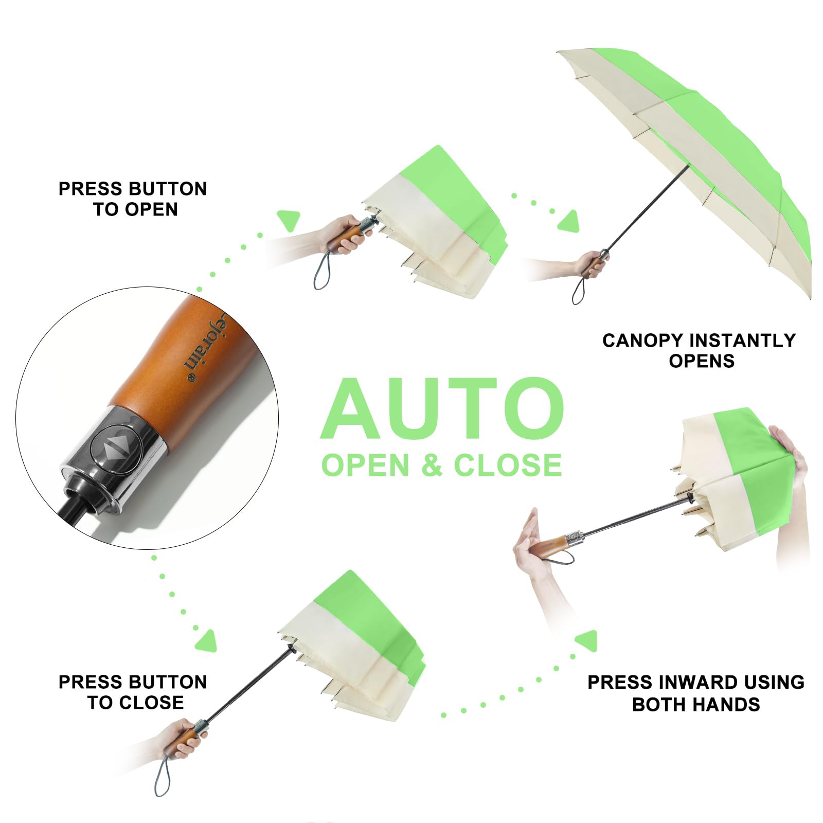 Lejorain Parapluie de voyage coupe-vent compact – Parapluie de golf pliable automatique coupe-vent grand sac à dos vert parapluie de pluie pour adultes