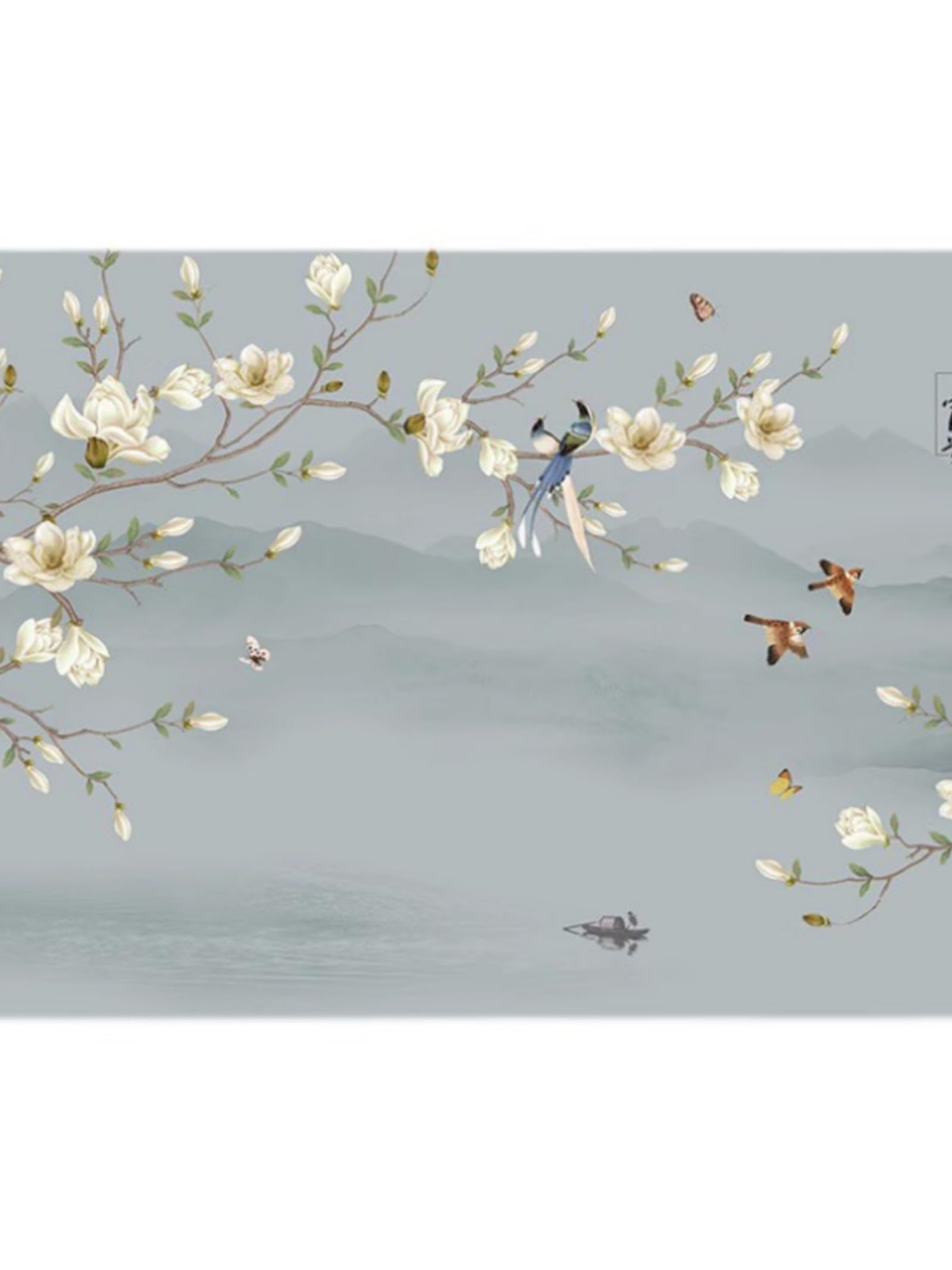 Peinture méticuleuse fleurs et oiseaux sur intissé haut de gamme 250x175