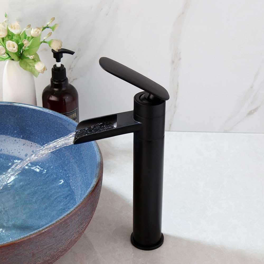 Robinet de lavabo cascade noir avec mitigeur eau chaude et froide pour salle de bains moderne