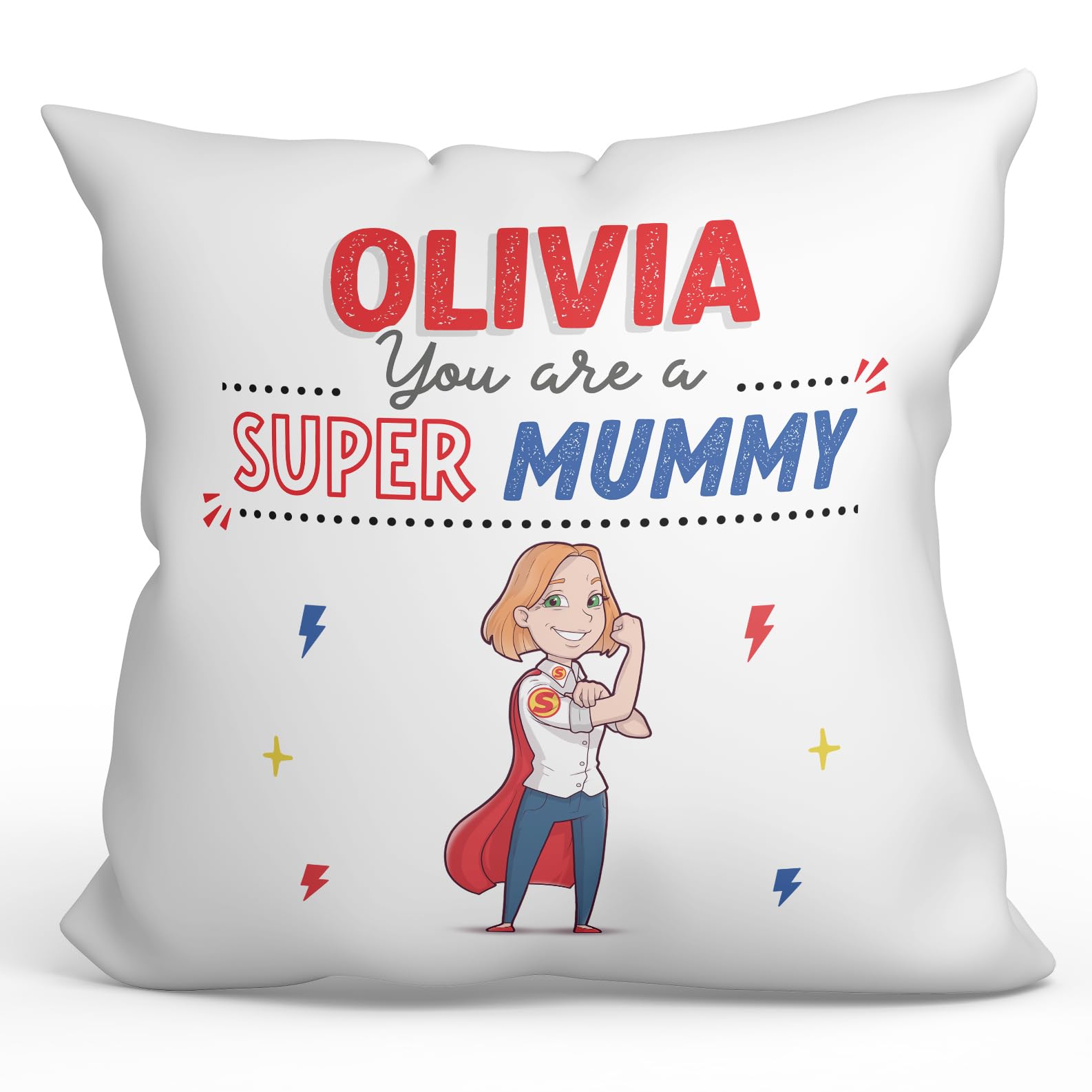 MUGFFINS Personalised Cushion for MUMMY Padding included - in English - You are Super! - Funny custom gift - Pillow: cover and filling 15.7x15.7 inches