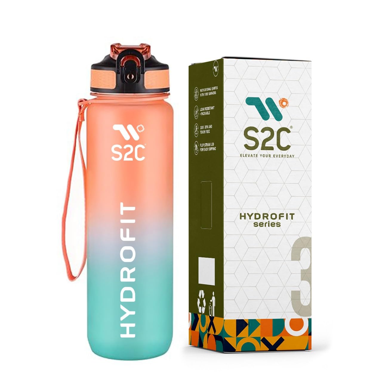 S2C -1L Motivational Water Bottle for Gym & School - Leakproof, BPA-Free, with Time Markers - Perfect for Men, Women, and Kids - Hydration Tracker, Inspirational Quotes, Durable Design (BLUE-ORANGE)