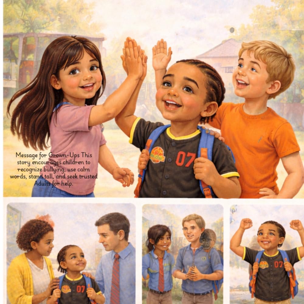 Kyrie stand up to the bully: Message for Grown-Ups This story encourages children to recognize bullying, use calm words, stand tall, and seek trusted Adults for help.