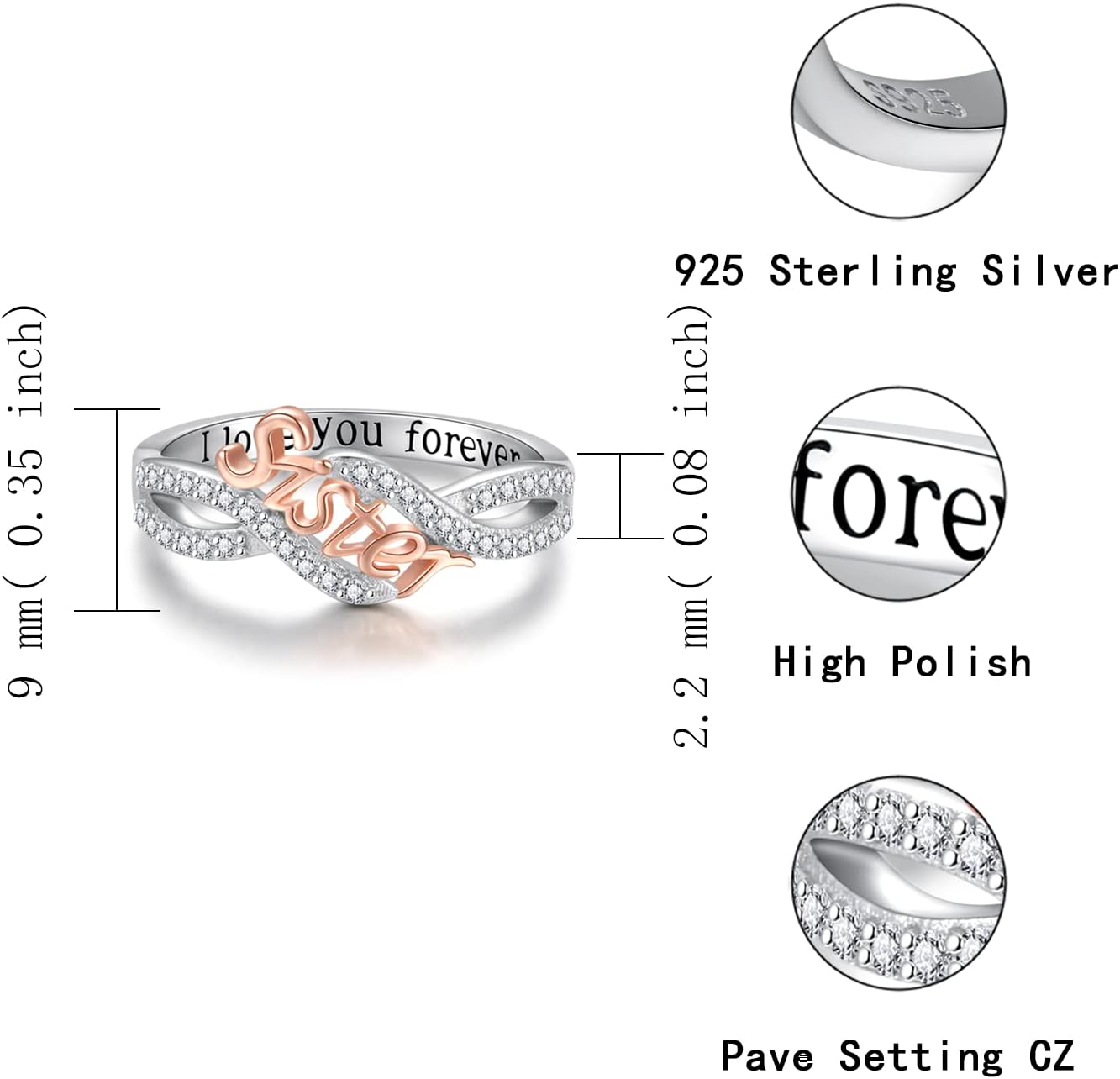 925 Sterling Silver Mom Nana Sister Daughter Bestie Wife Aunt Niece Rings for Women I Love You Forever Mothers Day Christmas Birthday Rings Jewelry Gifts