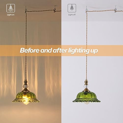 Miniatura 3 de Lámpara colgante enchufable. Lámpara de araña retro de cristal verde. Dormitorio, sala de estar, comedor, pasillo, vestíbulo, isla de cocina. Viene