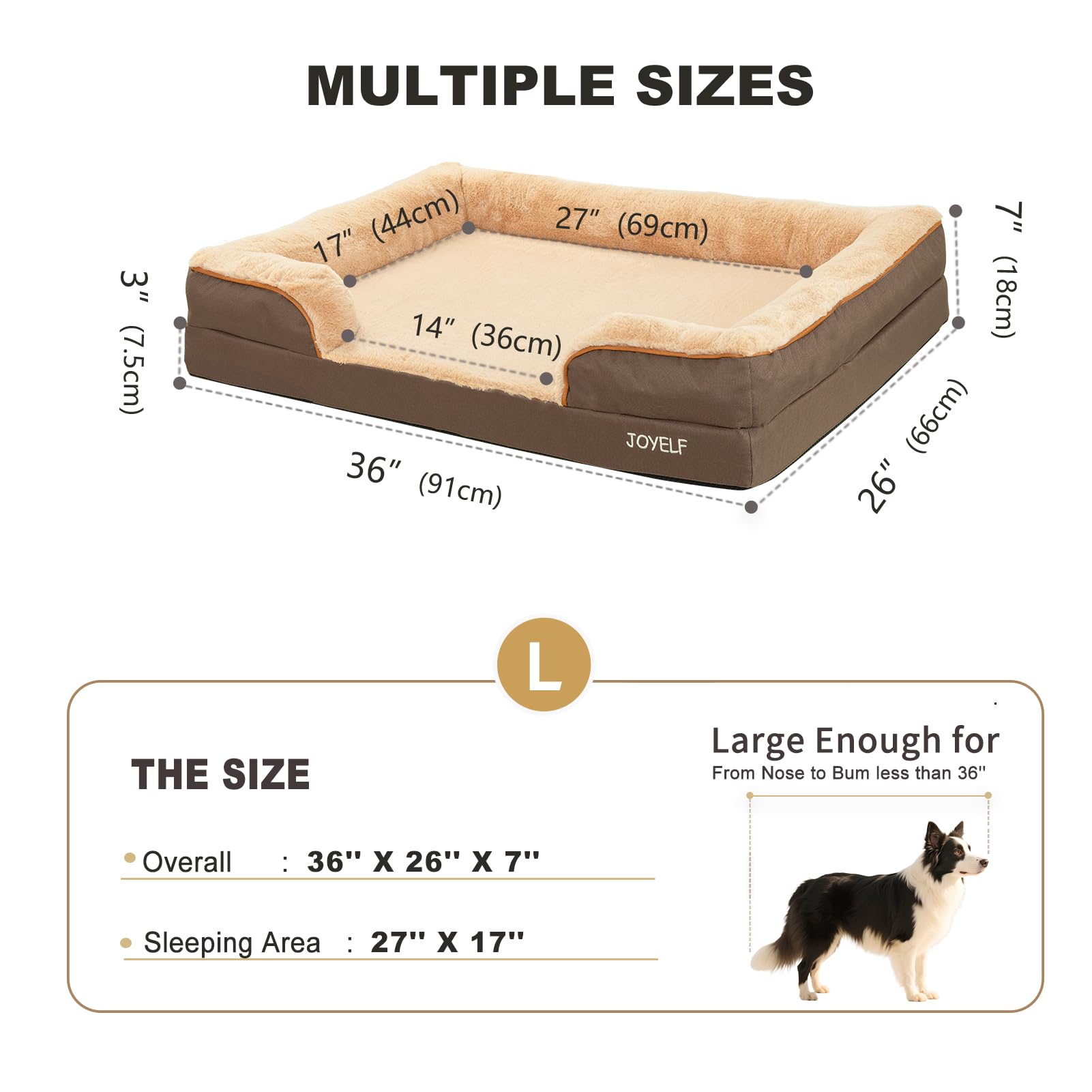 JOYELF Cama Ortopédica para Perros Grandes, Sofá Cama de Espuma, Cama Impermeable con Funda Lavable y Base Antideslizante - Café