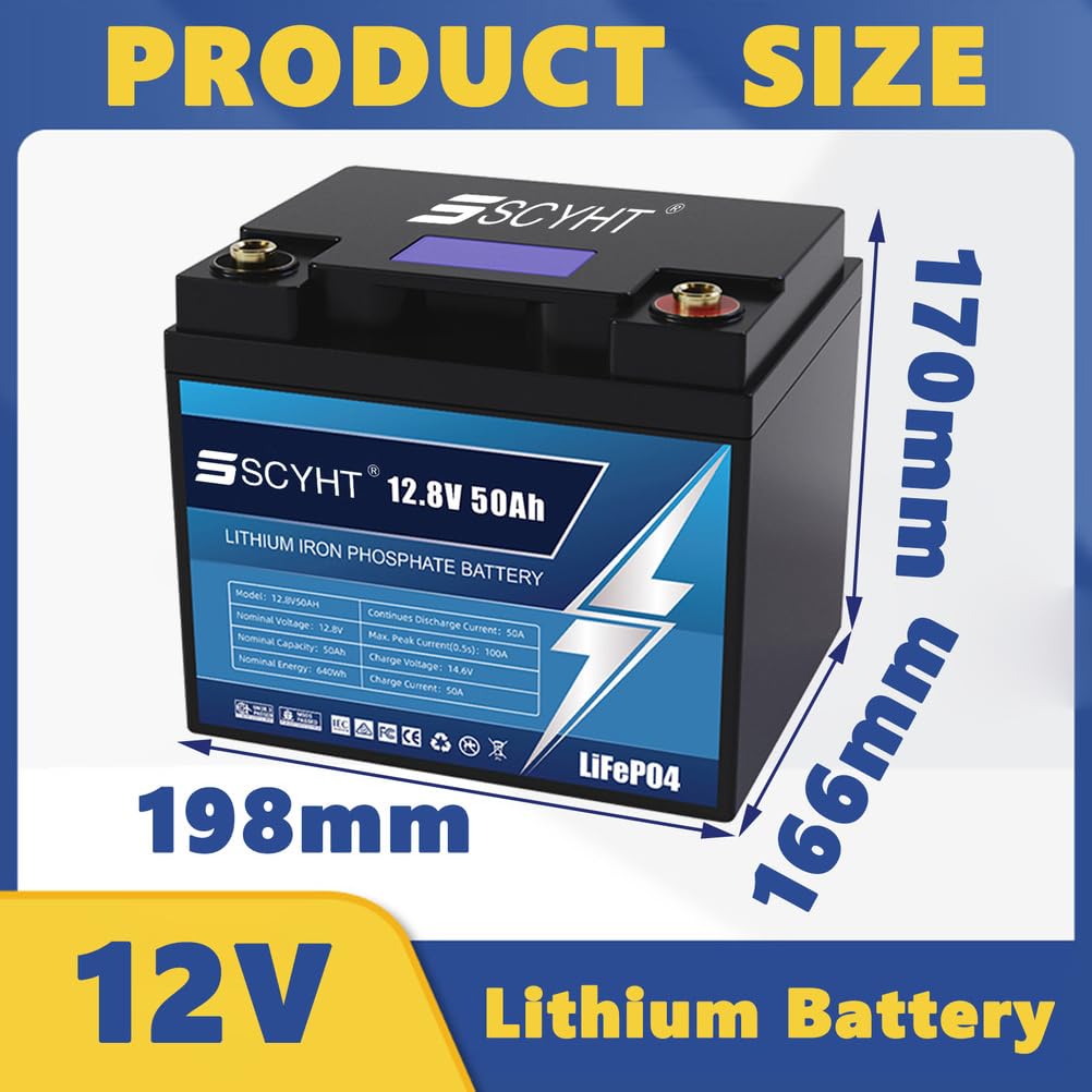 Batteria LiFePO4 12V 50Ah Batteria al litio 12V Batterie a ciclo profondo per camper, applicazioni off-grid e solari, kit motore da 50W a 640W con display LCD,12v50ah 1pack