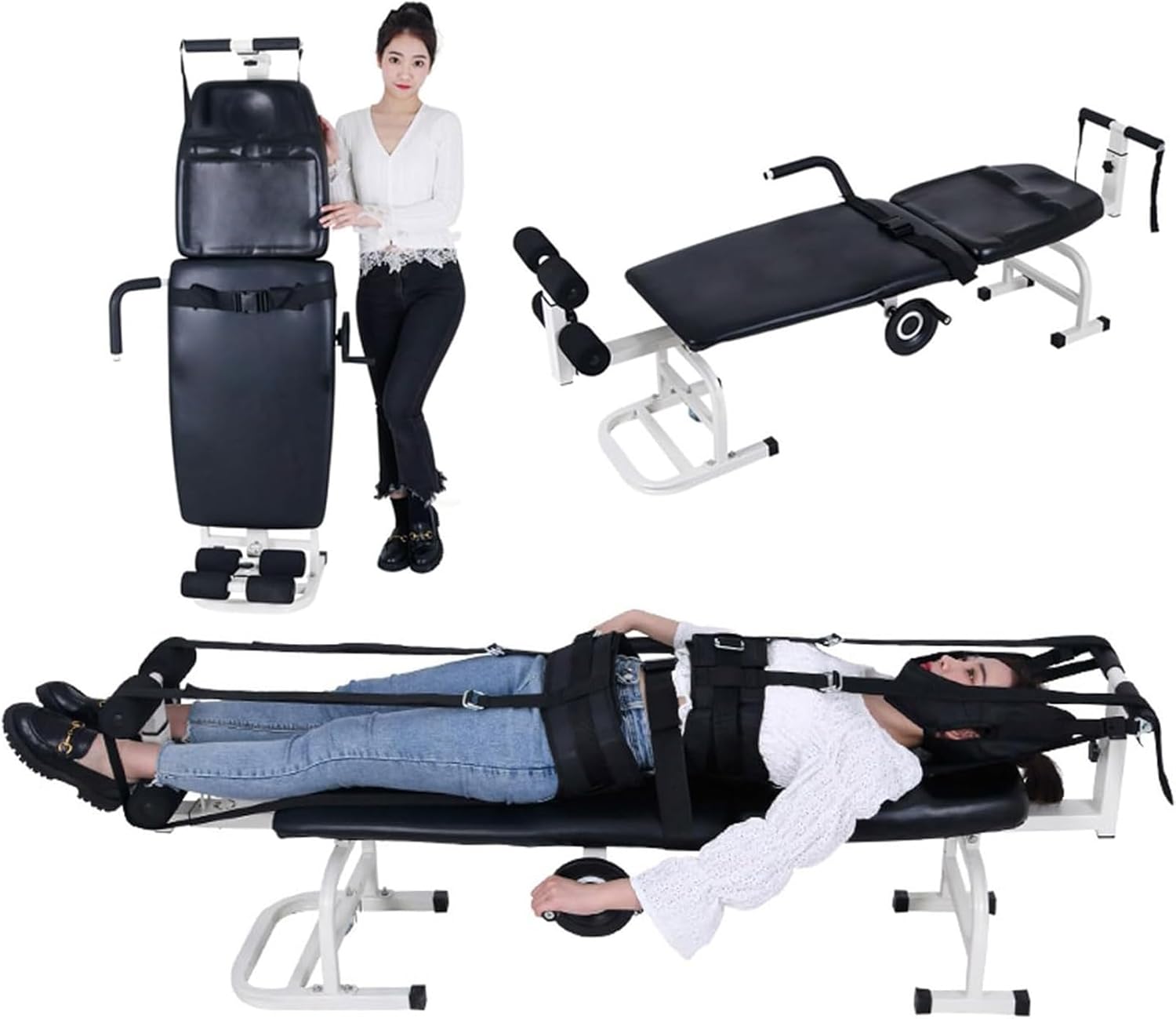 Cervical and Lumbar Traction Bed, Multifunctional Back Pain Stretcher, Portable Whole Body Stretcher with Black Traction Belt, Used to Relieve Lumbar Discomfort, Herniated Disc