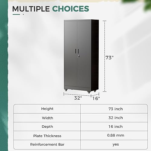 Vista 15 de Greenvelly Armario de almacenamiento de metal para garaje, gabinete de acero negro con bloqueo de 72 pulgadas con puertas y 4 estantes, armarios