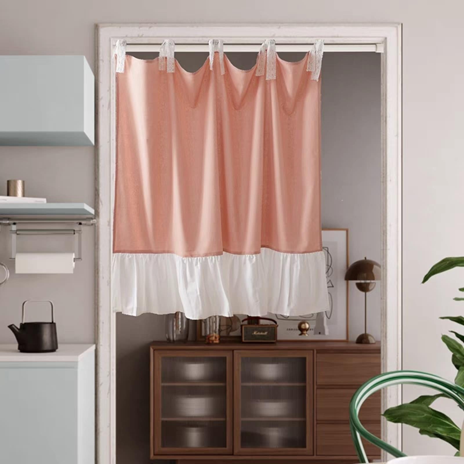 KnSam H120xB125 Visillo de voile Bistro, monocolor con volantes, naranja y rosa, visillo para dormitorio, 1 pieza, con bolsillo de barra de algodón, para cuarto de baño, ventana