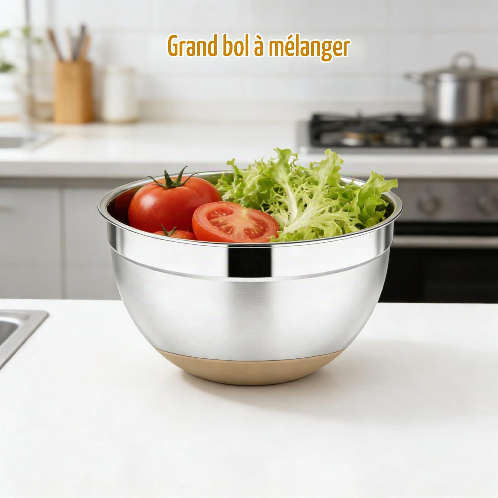 5 Pcs Saladier Inox, Cul de Poule Inox, Saladier avec Couvercle, Base en Silicone Antidérapante, Bol Inox Cuisine Bowl de Mélange avec 3 Râpes, Empilables et Lavables au Lave Vaisselle