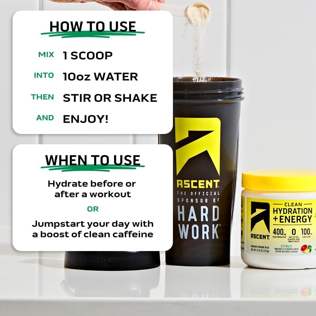 Ascent Clean Hydration + Energy Electrolytes Powder - 100mg Caffeine, 400mg Electrolytes, No Artificial Ingredients, Citrus 40 Servings - Image 4