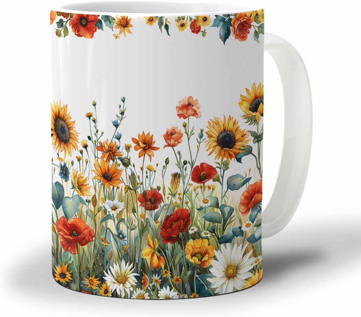 BEMIGO Ceramic Coffee Mug Vintage Flower Ceramic Mug White Cup, Sunflower Daisy Poppy Floral Insulated Coffee Cup with Handle with Pattern Perfect for Tea and Hot Beverages, 12oz