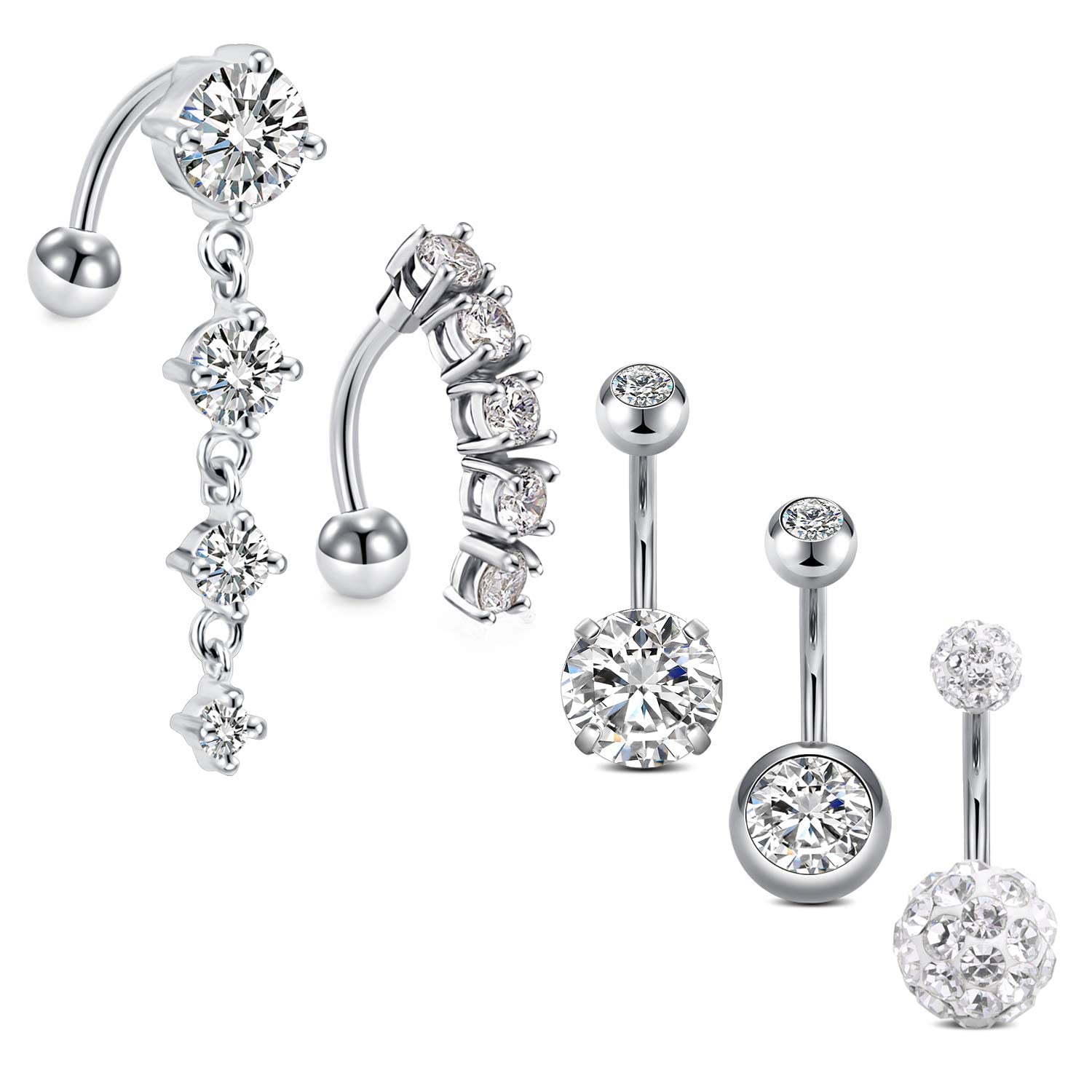 Gojewen Navelpiercing, 3-4 stuks, 6 mm, 8 mm, 10 mm, 12 mm, 14 mm, chirurgisch staal, piercing, navelpiercing, sieraad, zilver, goud, 14G, Metaal