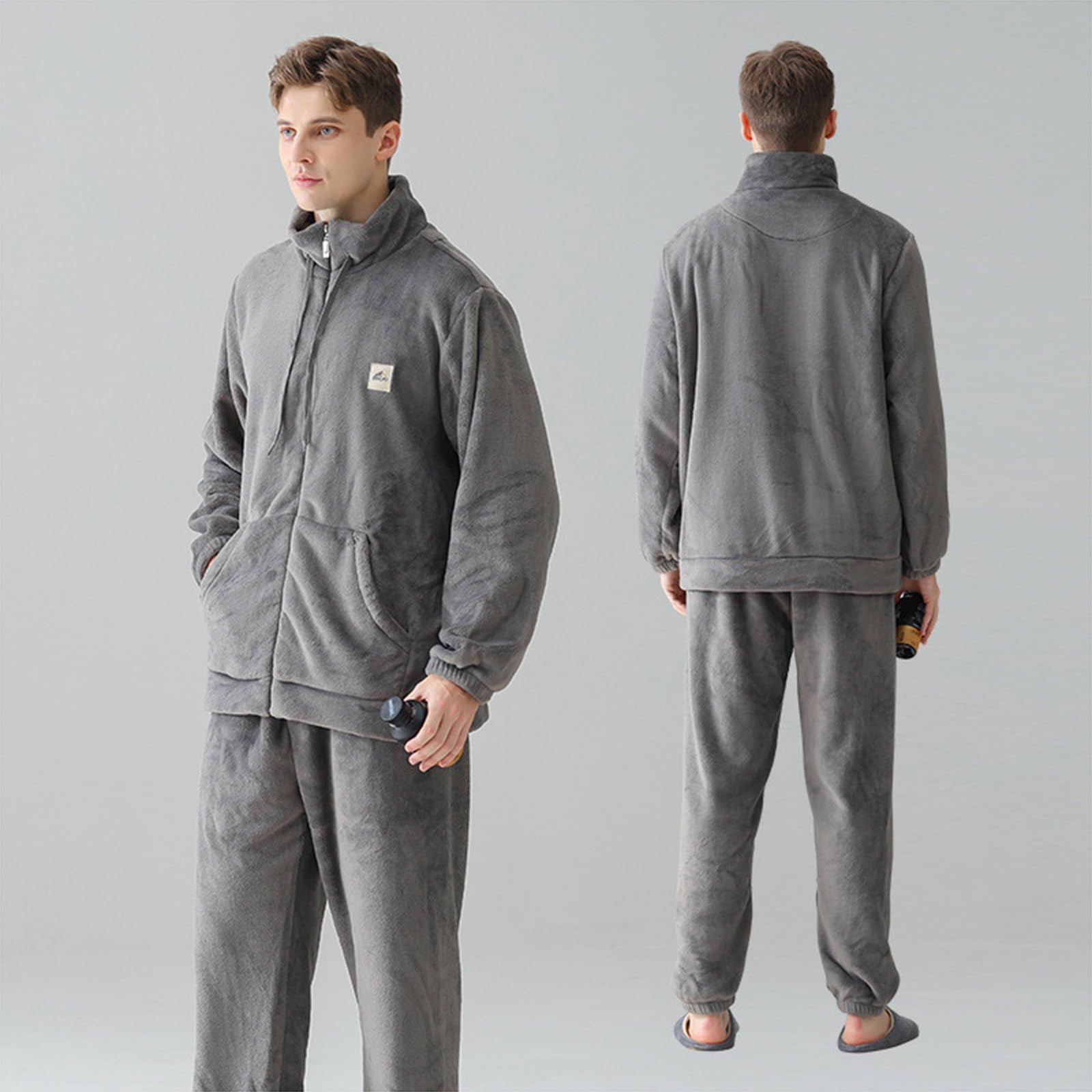 2-Piece Hommes Peluche Polaire Pyjamas Pyjamas Vêtements de Nuit Chaud Confortable Manches Longues Zip up Top & Bottom