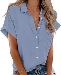 Womens Short Sleeve Shirts V Neck Collared Button Down Shirt Tops with Pockets