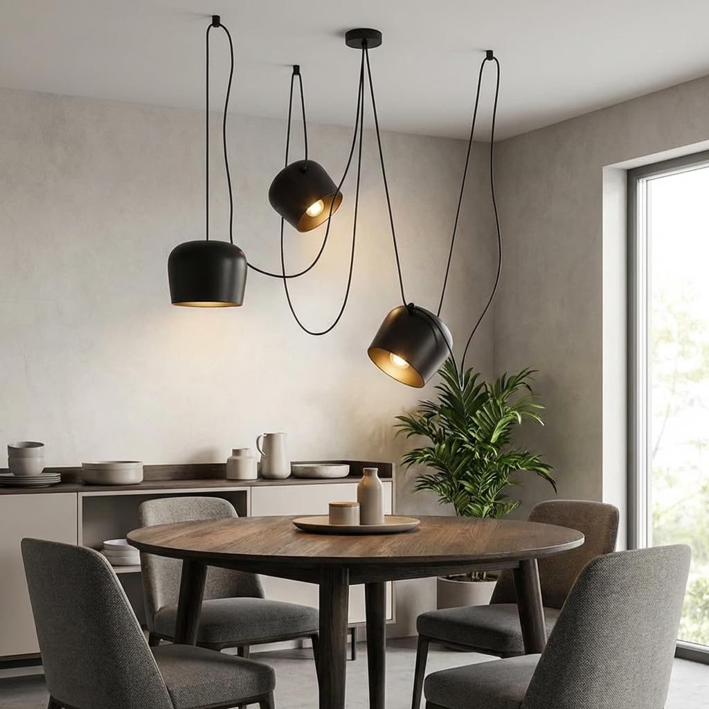 BARCELONA LED Lampada a Sospensione Tripla Nera Grande Paralume in Metallo Ferro Stile Industriale Vintage Moderno Minimalista E27 3 Luci Orientabili Regolabili per Sala da Pranzo Soggiorno Scala